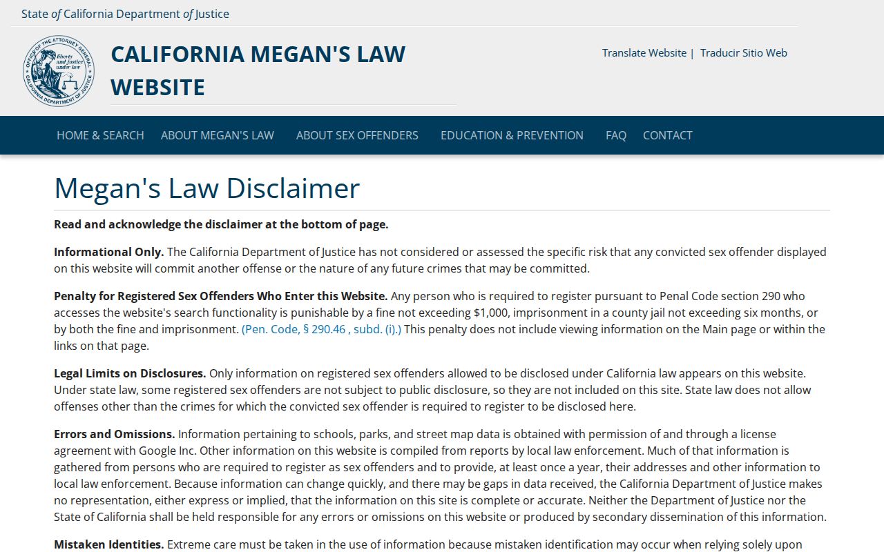 Marina neighbors California Megan's Law public registry context