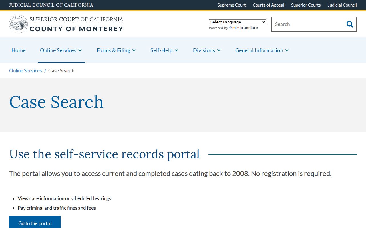Marina resident lookup Monterey court case search instructions