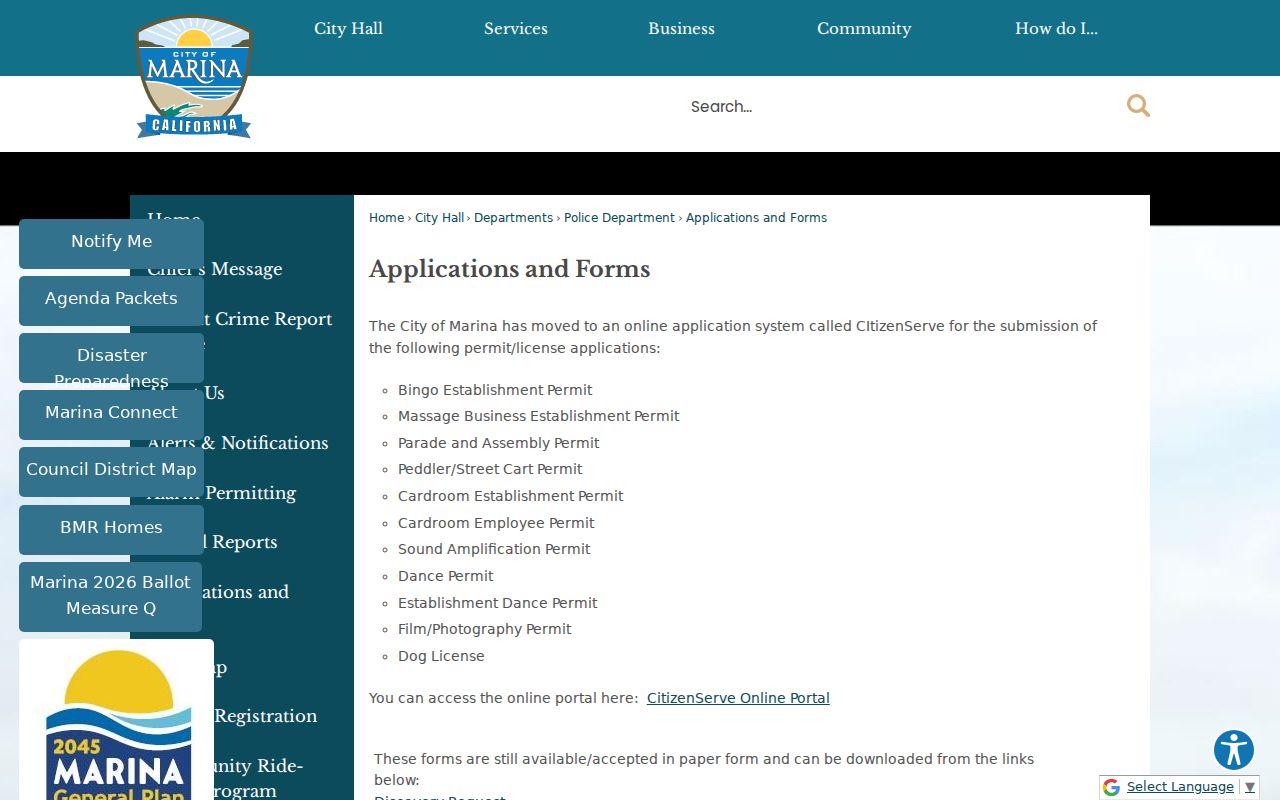 Marina ZIP code directory city applications and forms